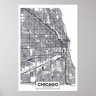 Schwarzweiss-Stadt-Karte Chicagos, Illinois   Poster