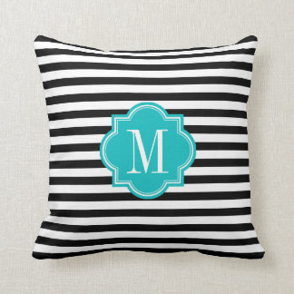 Schwarzweiss-Streifen mit aquamarinem Monogramm Kissen