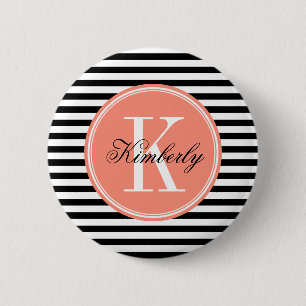 Schwarzweiss-Streifen mit korallenrotem Monogramm Button