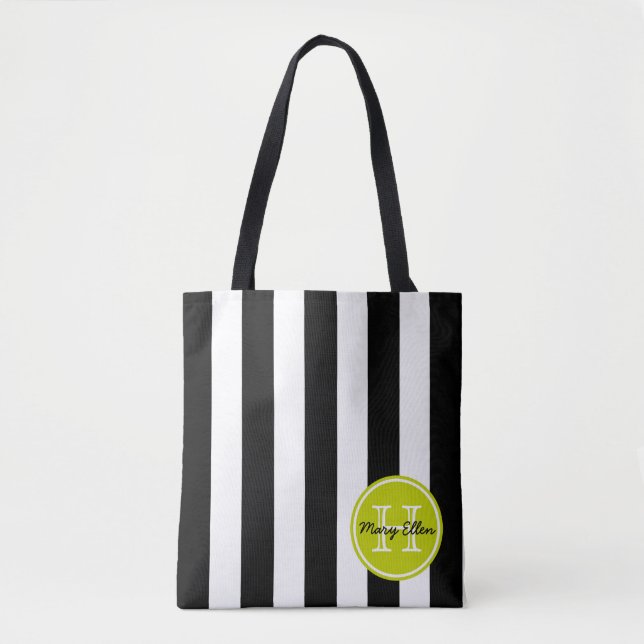 Schwarzweiss-Streifen mit Limonem grünem Monogramm Tasche (Vorderseite)