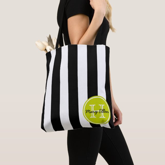 Schwarzweiss-Streifen mit Limonem grünem Monogramm Tasche (Von Nahem)