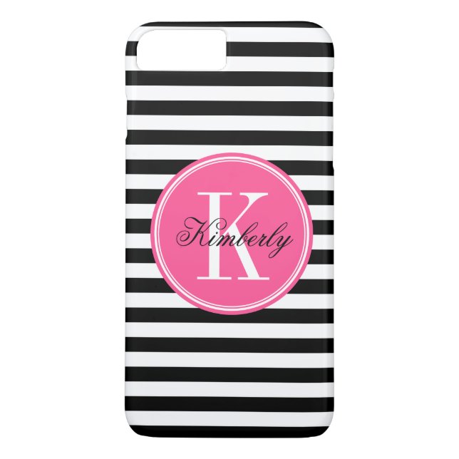 Schwarzweiss-Streifen mit rosa Monogramm Case-Mate iPhone Hülle (Rückseite)