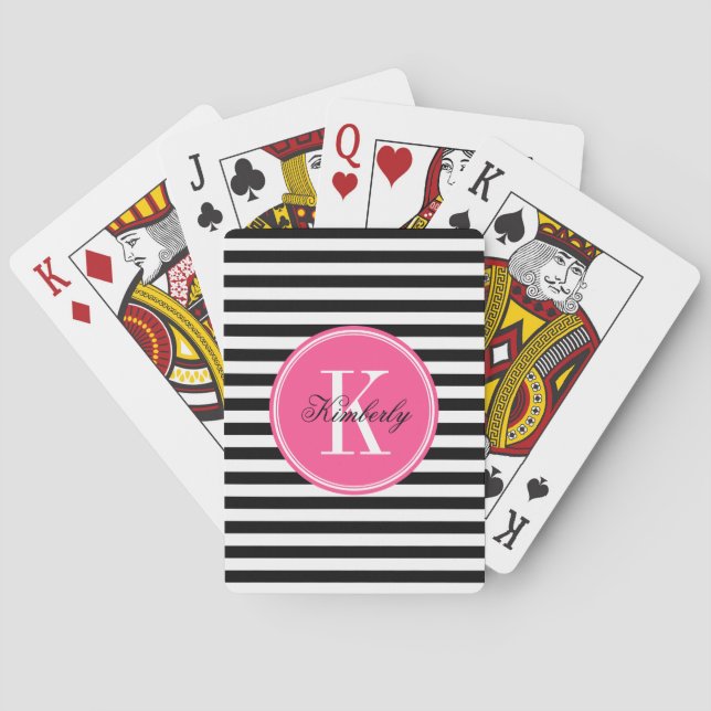 Schwarzweiss-Streifen mit rosa Monogramm Spielkarten (Rückseite)