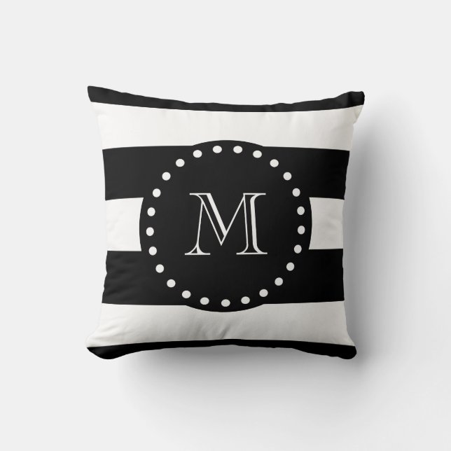 Schwarzweiss-Streifen-Muster, schwarzes Monogramm Kissen (Vorderseite)