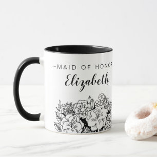 Schwarzweiss-TRAUZEUGIN Blumenstrauß mit Namen Tasse