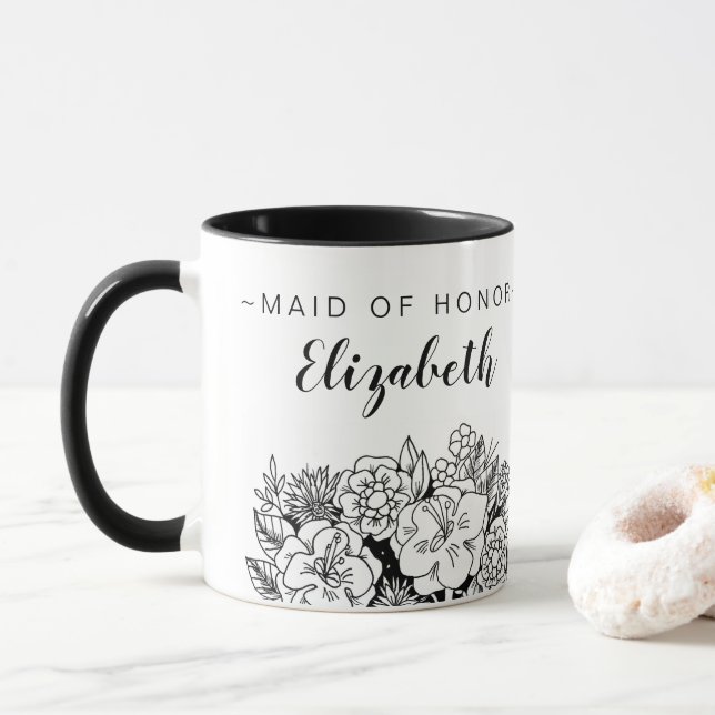 Schwarzweiss-TRAUZEUGIN Blumenstrauß mit Namen Tasse (Mit Donut)
