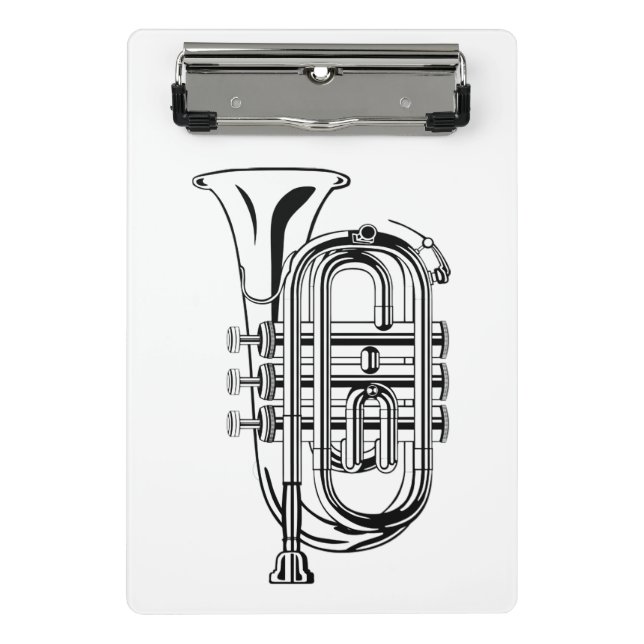 Schwarzweiss-Trompete-Skizze-Musikinstrument Mini Klemmbrett (Vorderseite)