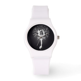Schwarzweiss-Yogabaum mit Frau und yin Yang. Armbanduhr