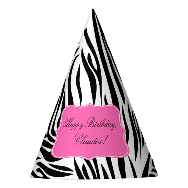 Schwarzweiß-Zebra-Print mit Hot Rosa zum Geburtsta Partyhütchen (Vorderseite)