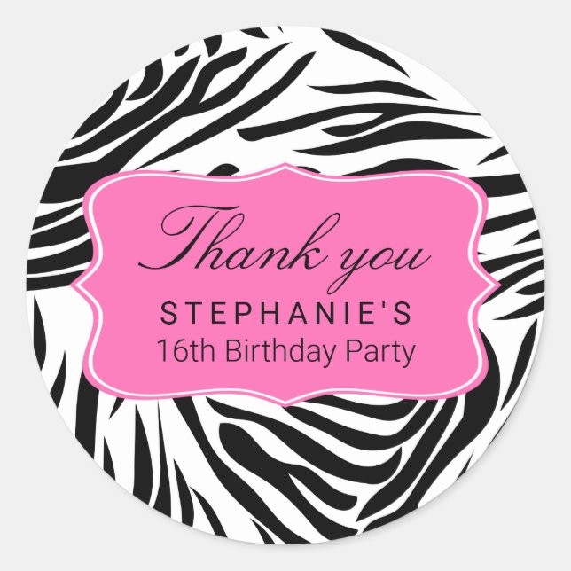 Schwarzweiß-Zebra-Print mit Hot Rosa zum Geburtsta Runder Aufkleber (Vorderseite)