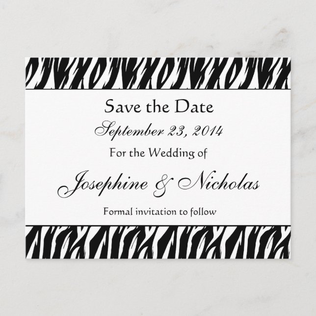 Schwarzweiß-Zebra-Print Save the Date Postkarte (Vorderseite)