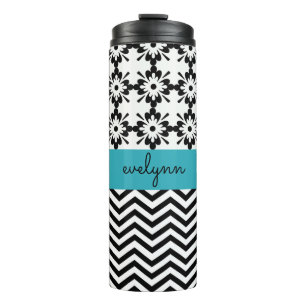 Schwarzweiss-Zickzack Blumen2 personalisiert Thermosbecher
