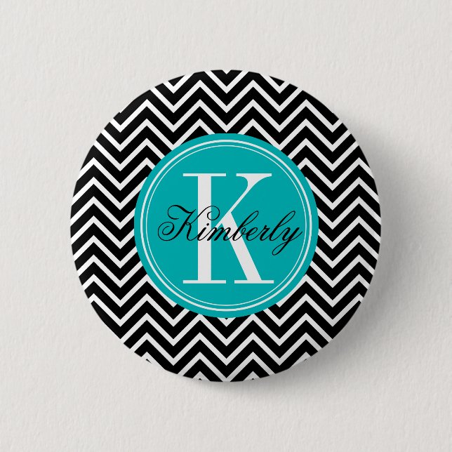 Schwarzweiss-Zickzack mit aquamarinem Monogramm Button (Vorderseite)