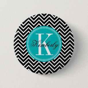 Schwarzweiss-Zickzack mit aquamarinem Monogramm Button