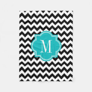 Schwarzweiss-Zickzack mit aquamarinem Monogramm Fleecedecke