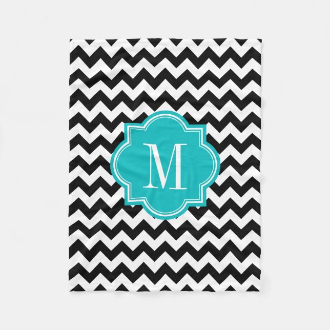 Schwarzweiss-Zickzack mit aquamarinem Monogramm Fleecedecke (Vorderseite)