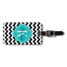 Schwarzweiss-Zickzack mit aquamarinem Monogramm