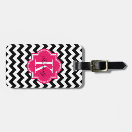 Schwarzweiss-Zickzack mit heißes Rosa-Monogramm Gepäckanhänger