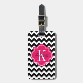 Schwarzweiss-Zickzack mit heißes Rosa-Monogramm Gepäckanhänger