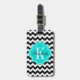 Schwarzweiss-Zickzack mit Turquoiose Monogramm Gepäckanhänger