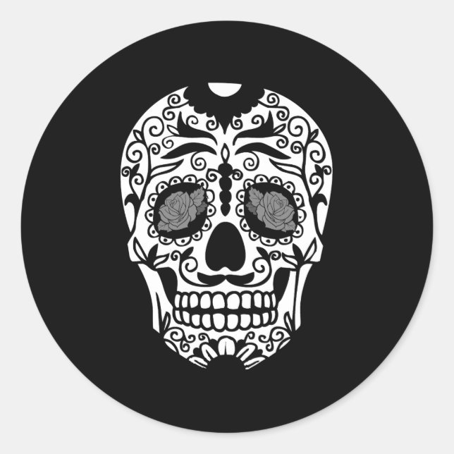Schwarzweiss-Zuckerschädel mit Rosen-Augen Runder Aufkleber (Vorderseite)