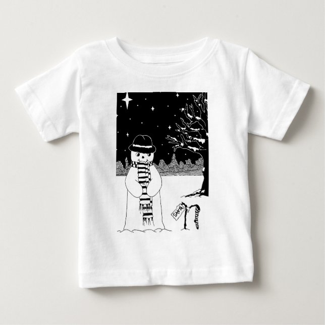 Schwarzweißbild niedlicher Schneemann Weihnachten Baby T-shirt (Vorderseite)