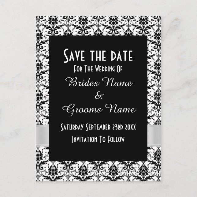 Schwarzweißdamtel Save the Date Ankündigungspostkarte (Vorderseite)