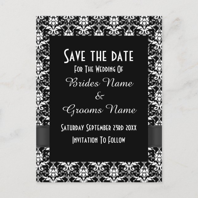 Schwarzweißdamtel Save the Date Ankündigungspostkarte (Vorderseite)