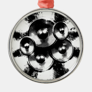 Schwarzweiße Musiklautsprecher in einem Kreis Silbernes Ornament