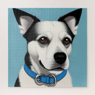 Schwarzweißer Hund mit blauem Halsband
