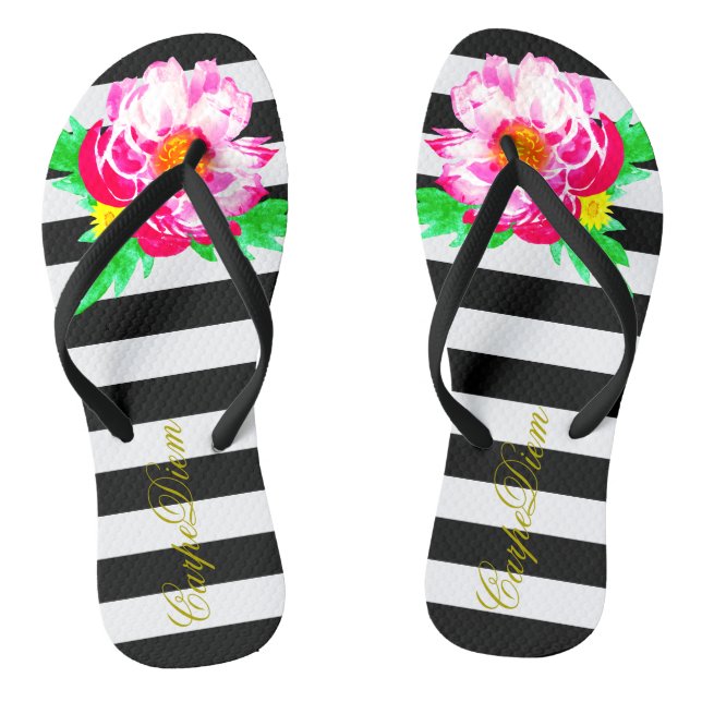 Schwarzweißflip Flops Wasserfarbe Peony Carpe Diem Flip Flops (Fußbett)