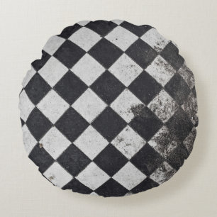 Schwarzweißharlequin-Grafik Rundes Kissen