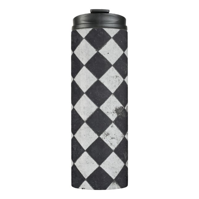 Schwarzweißharlequin-Grafik Thermosbecher (Vorderseite)
