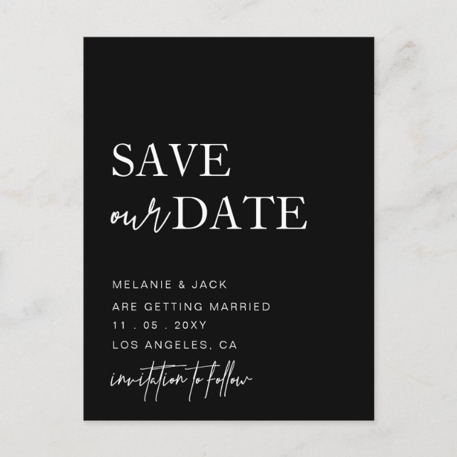 Schwarzweißkalligraphie Save the Date Ankündigungspostkarte (Vorderseite)