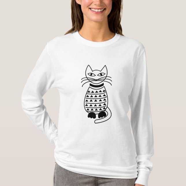 Schwarzweißkatze mit weißer Geometrie T-Shirt (Vorderseite)