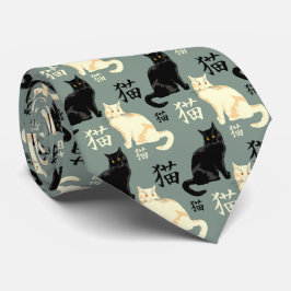 Schwarzweißkatzen mit japanischen Zeichen Krawatte