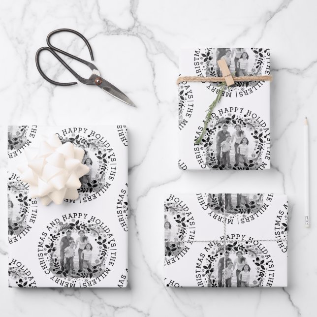 Schwarzweißkranz und Foto Geschenkpapier Set (Vorderseite)