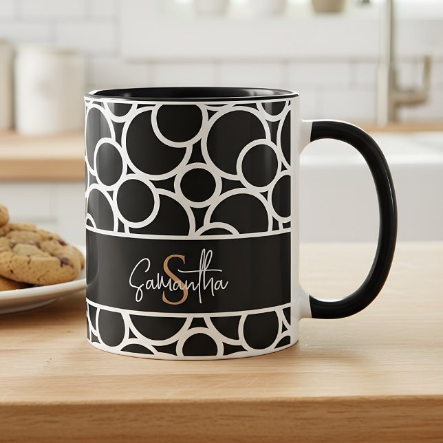 Schwarzweißkreismuster mit Monogramm Tasse (black and white circle pattern mug with name)