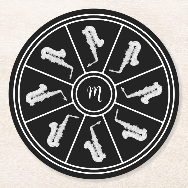 Schwarzweißmotiv mit Saxophonen und Monogramm Runder Pappuntersetzer (Vorderseite)