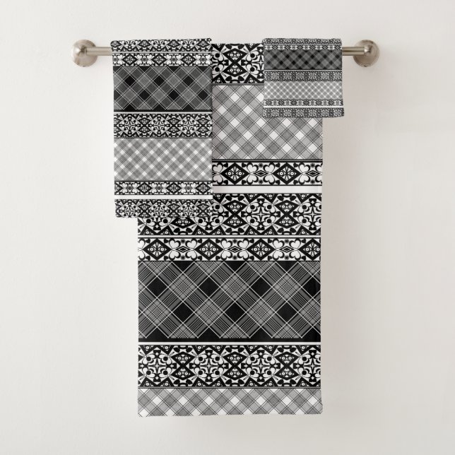 Schwarzweißpatchwork mit Spitze Badhandtuch Set (Insitu)