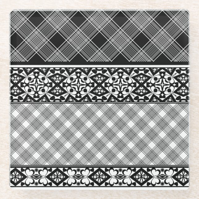 Schwarzweißpatchwork mit Spitze Glasuntersetzer (Vorderseite)