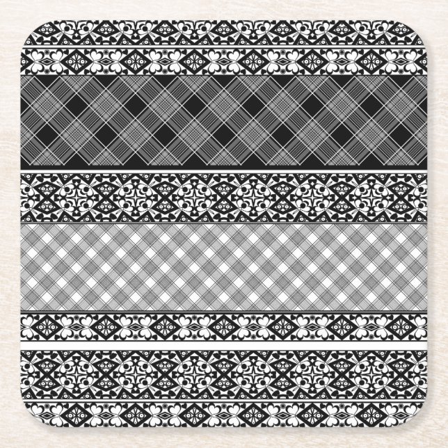 Schwarzweißpatchwork mit Spitze Rechteckiger Pappuntersetzer (Vorderseite)
