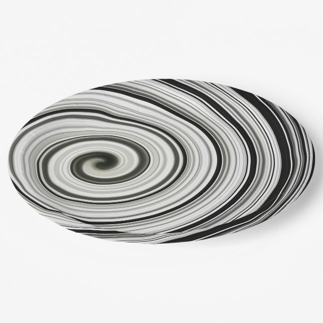 Schwarzweißspirale Pappteller (Schrägansicht)