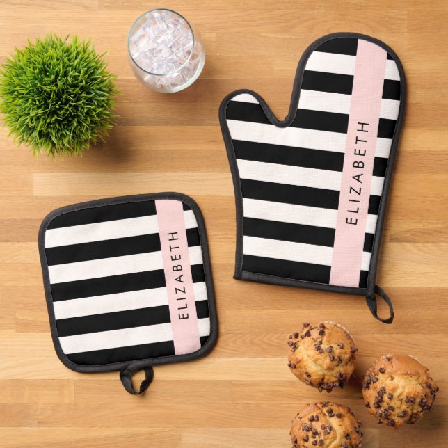 Schwarzweißstreifen, Streifen, Linien, Ihr Name Ofenhandschuh & Topflappen-Set (Oben Unten)