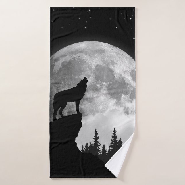 Schwarzweißwolf heult auf dem Mond Badehandtuch (Badehandtuch)