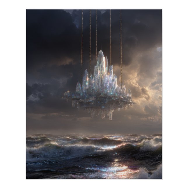 Schwebende Burg über der stürmischen See Fantasy Poster (Vorderseite)
