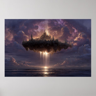 Schwebende Fantasy-Schloss-Wolkenstrahlen leuchten Poster