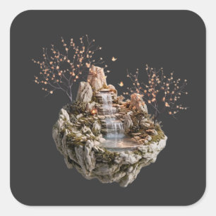 Schwebende Insel Wasserfall Fantasie Natur Quadrat Quadratischer Aufkleber