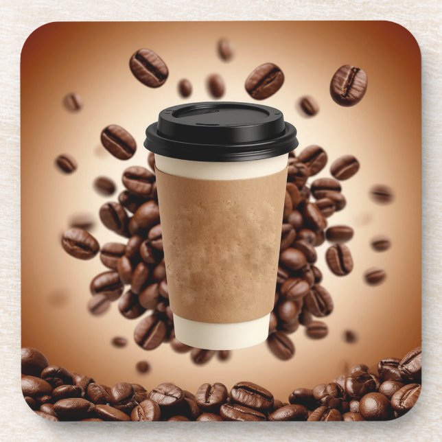 Schwebende Kaffeetasse mit Kaffeebohnen Getränkeuntersetzer (Vorderseite)
