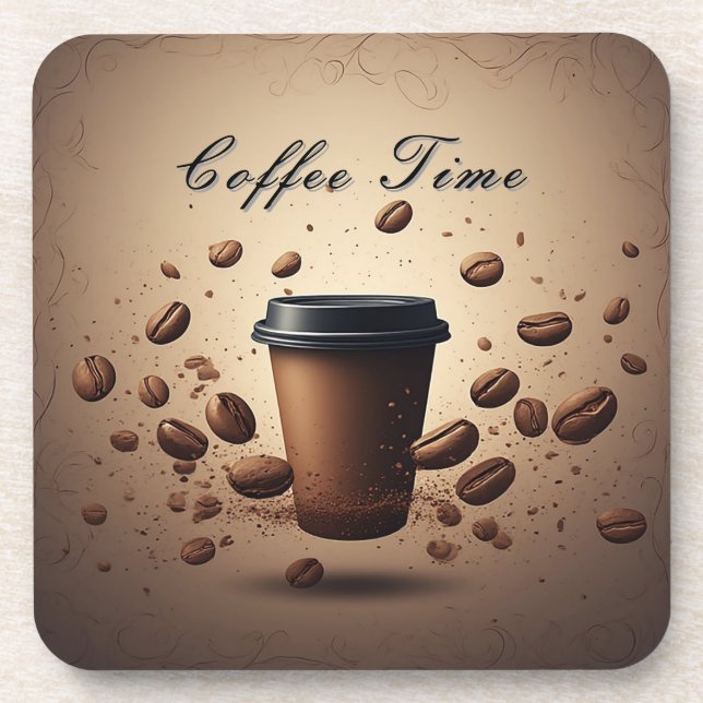 Schwebende Kaffeetasse mit Kaffeebohnen Getränkeuntersetzer (Vorderseite)